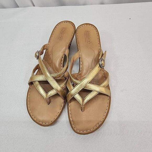 Born Women's Size 7 Funi Sandal Gold Metallic Leather Strappy Heeled - Picture 7 of 10